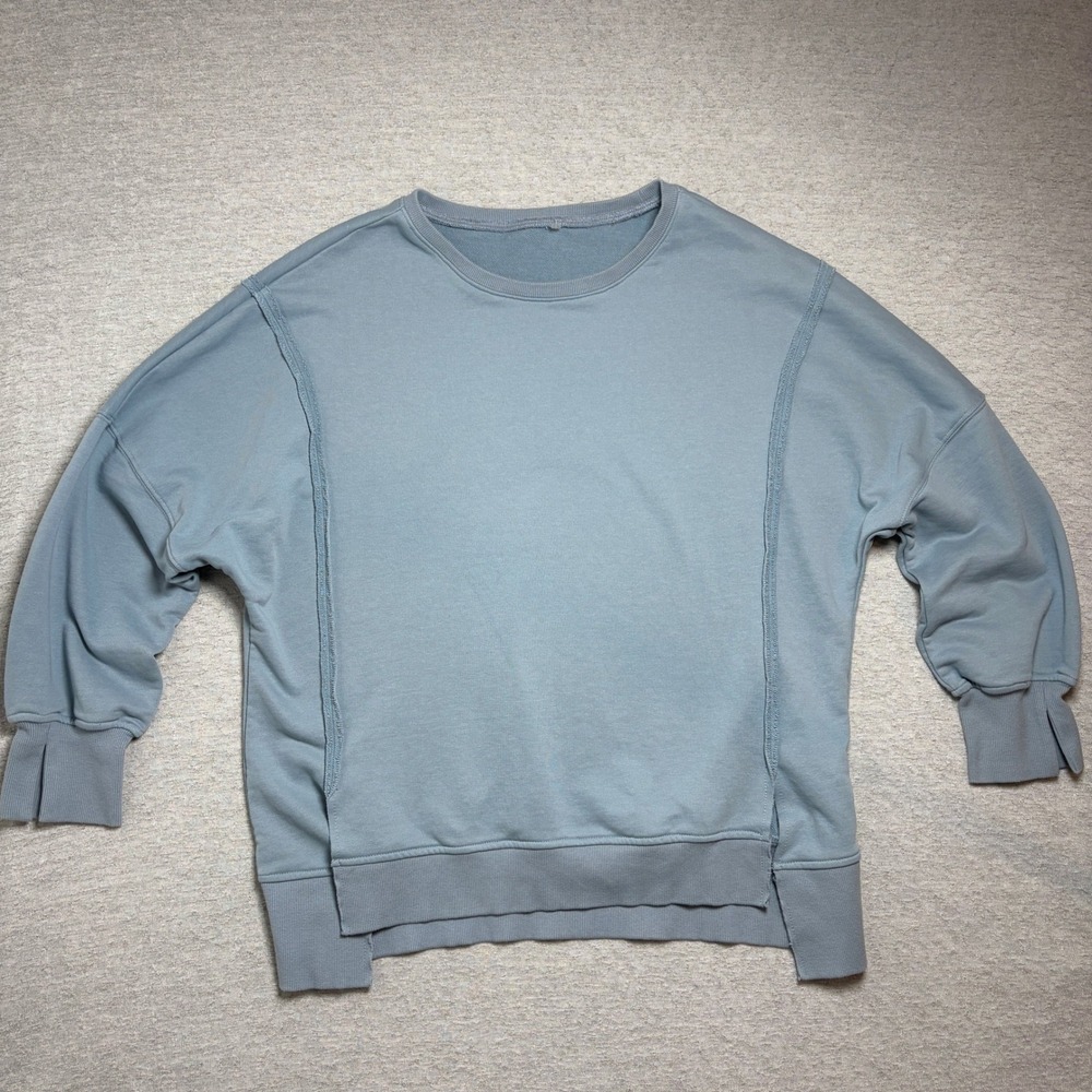 Womens Sweatshirt Large Blue Oversized Deconstructed Raw Hem Distressed Pullover